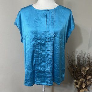 Worthington Women's Blue Button Pleated Front Cap Sleeve Top Blouse Sz L NWT